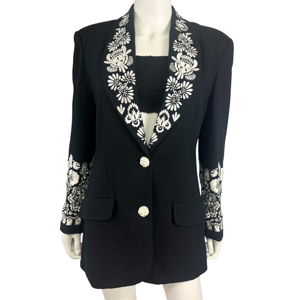 Andrea Jovine Vintage 100% Wool Blazer Embroidered Floral Formal Luxe Jacket 8